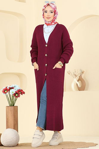 moda selvim V Yaka Triko Hırka 2729AYD574 Bordo - Thumbnail