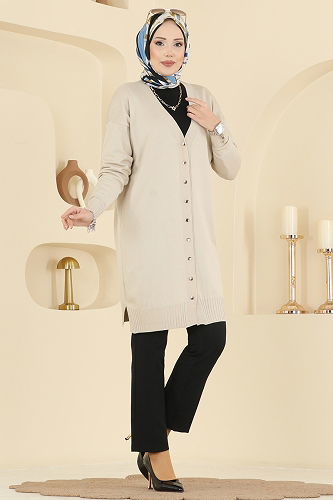 moda selvim V Yaka Triko Hırka 3176UZ662 Taş - Thumbnail