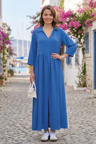 moda selvim V Yaka Yarım Kol Elbise 62100JNT1202 İndigo - Thumbnail