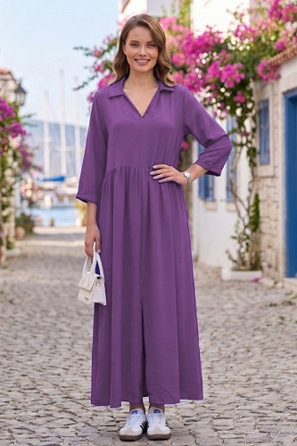 moda selvim V Yaka Yarım Kol Elbise 62100JNT1202 Koyu Lila - Thumbnail