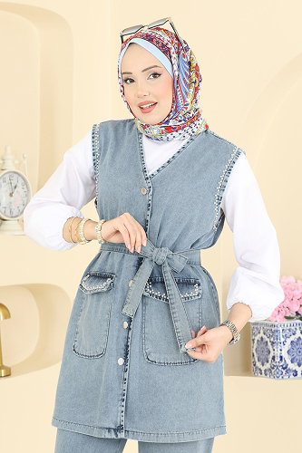 moda selvim V Yaka Yelekli Kombin 4082ORG1169 Açık Kot - Thumbnail