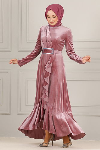 moda selvim Velvet Evening Dresses with Flared Skirt ASM2634-M Rose Dried - Thumbnail