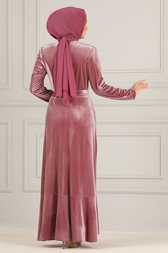moda selvim Velvet Evening Dresses with Flared Skirt ASM2634-M Rose Dried - Thumbnail