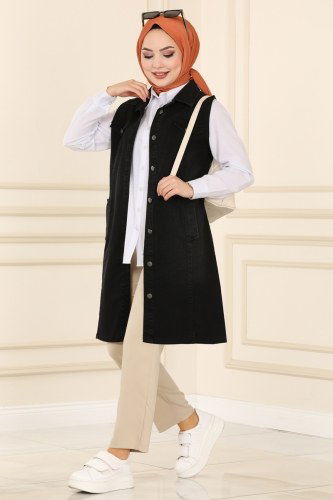moda selvim 6135MZ203 اسود سترة - Thumbnail