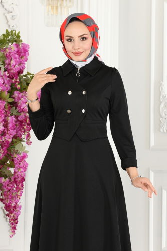 moda selvim Vest Detailed Hijab Dress 2514SL432 Black - Thumbnail