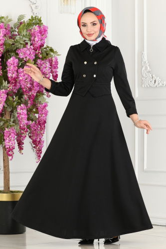 moda selvim Vest Detailed Hijab Dress 2514SL432 Black - Thumbnail