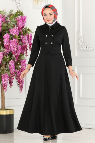 moda selvim Vest Detailed Hijab Dress 2514SL432 Black - Thumbnail