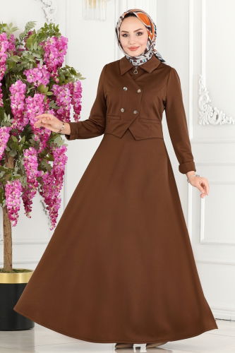 moda selvim Vest Detailed Hijab Dress 2514SL432 Brown - Thumbnail