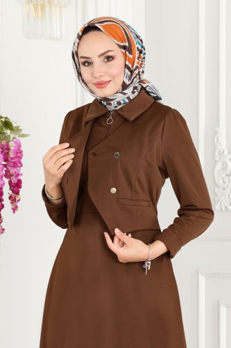 moda selvim Vest Detailed Hijab Dress 2514SL432 Brown - Thumbnail