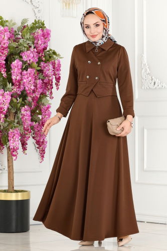 S.L. - Vest Detailed Hijab Dress 2514SL432 Brown