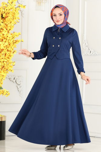 moda selvim Vest Detailed Hijab Dress 2514SL432 Indigo - Thumbnail