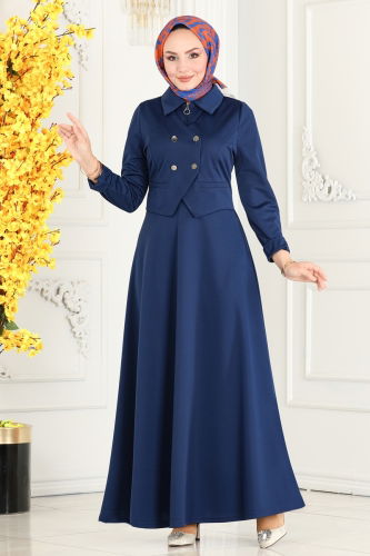 moda selvim Vest Detailed Hijab Dress 2514SL432 Indigo - Thumbnail