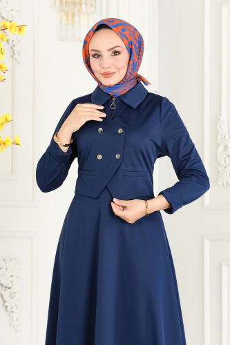 moda selvim Vest Detailed Hijab Dress 2514SL432 Indigo - Thumbnail