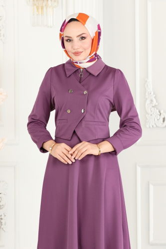 moda selvim Vest Detailed Hijab Dress 2514SL432 Lilac - Thumbnail