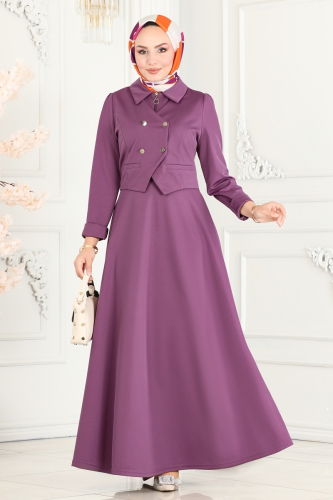 moda selvim Vest Detailed Hijab Dress 2514SL432 Lilac - Thumbnail