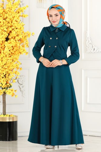 moda selvim Vest Detailed Hijab Dress 2514SL432 Petrol - Thumbnail