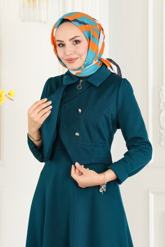 moda selvim Vest Detailed Hijab Dress 2514SL432 Petrol - Thumbnail