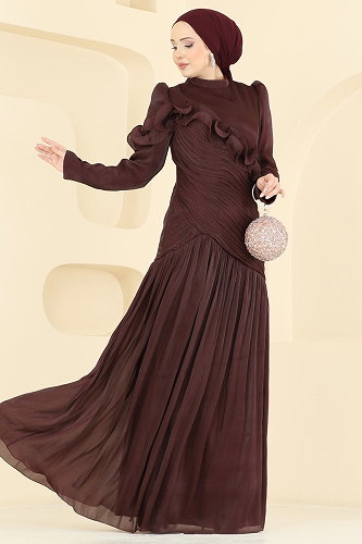 moda selvim Volan Detaylı Organze Abiye 157D170 Koyu Mürdüm - Thumbnail