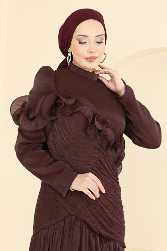 moda selvim Volan Detaylı Organze Abiye 157D170 Koyu Mürdüm - Thumbnail
