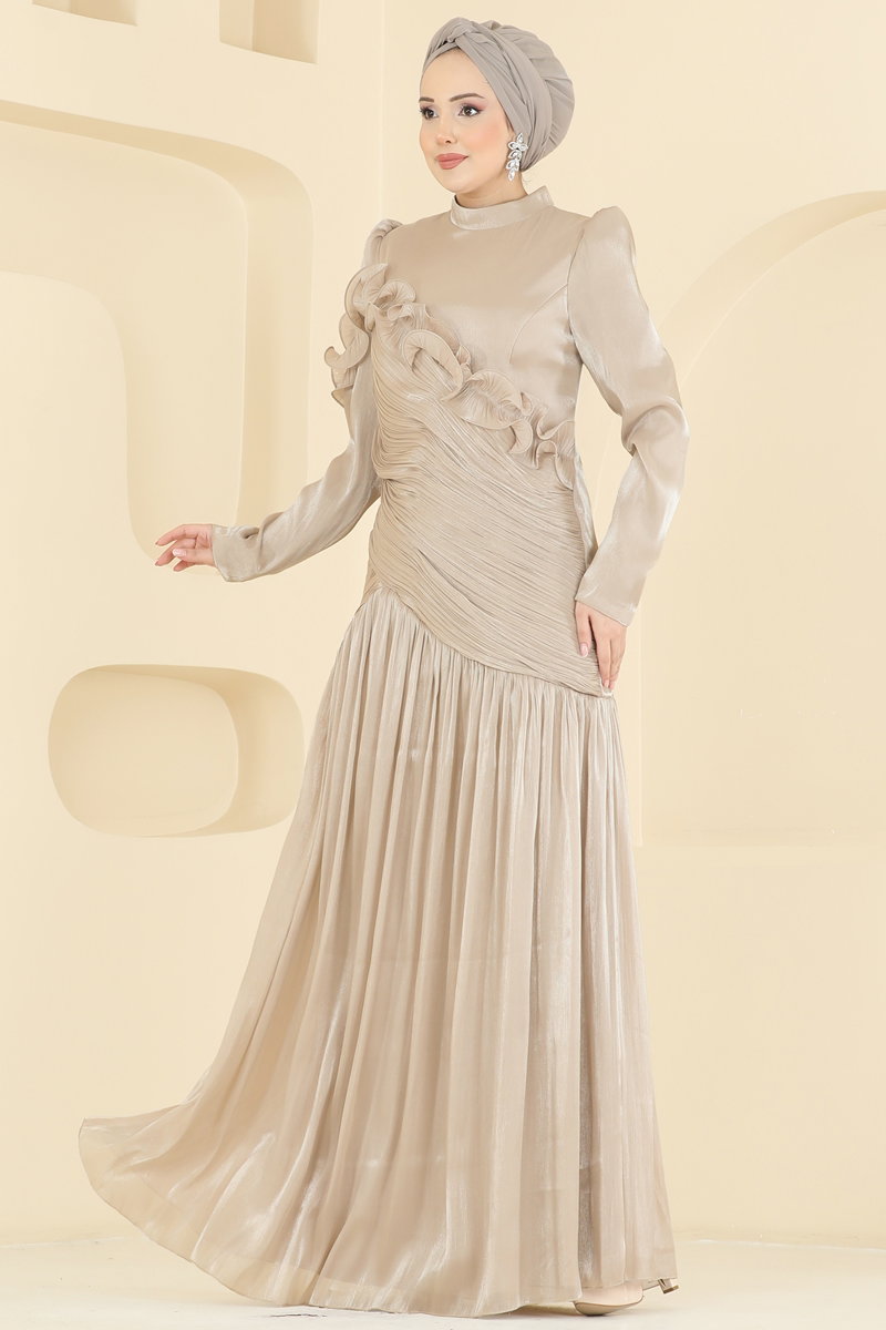 Volan Detaylı Organze Abiye 157D170 Krem