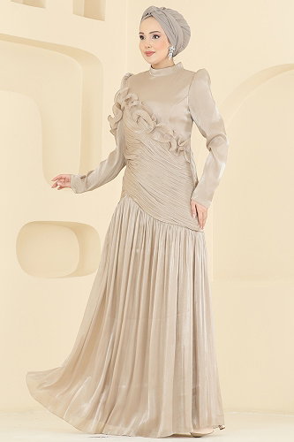 moda selvim Volan Detaylı Organze Abiye 157D170 Krem - Thumbnail