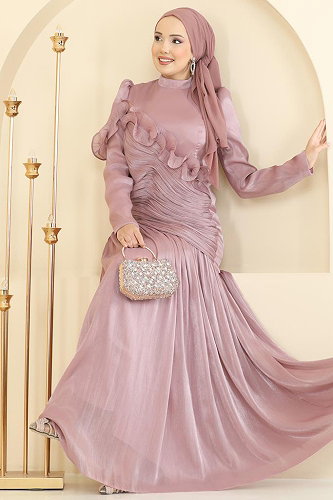 moda selvim Volan Detaylı Organze Abiye 157D170 Pudra - Thumbnail