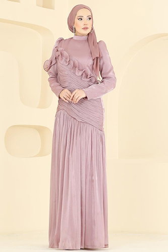 moda selvim Volan Detaylı Organze Abiye 157D170 Pudra - Thumbnail
