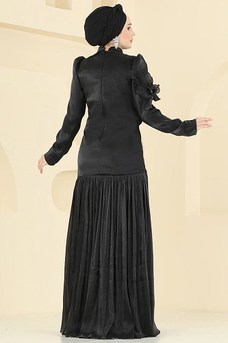 moda selvim Volan Detaylı Organze Abiye 157D170 Siyah - Thumbnail