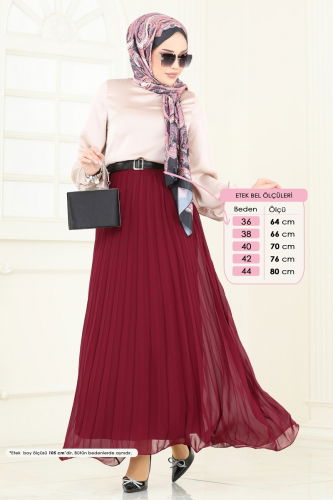 moda selvim Volanlı Şifon Etek 6202BSK463 Bordo - Thumbnail