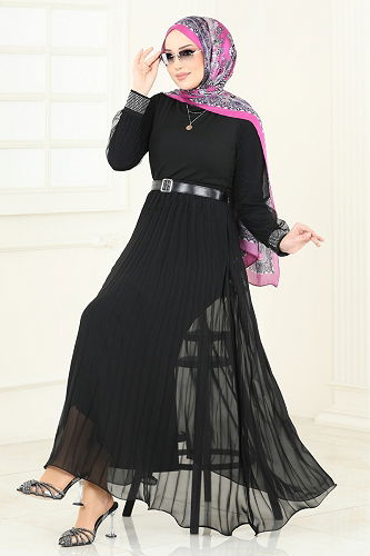 moda selvim Volanlı Şifon Etek 6202BSK463 Siyah - Thumbnail