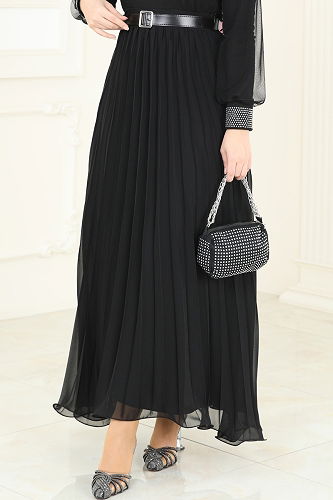 moda selvim Volanlı Şifon Etek 6202BSK463 Siyah - Thumbnail