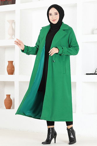 moda selvim Waist-Tie Cashmere Coat MSL5960-M Green - Thumbnail