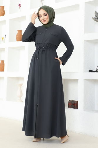 moda selvim Waist Tunnel Abaya MSL3186 Anthracite - Thumbnail