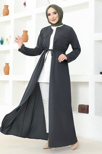 moda selvim Waist Tunnel Abaya MSL3186 Anthracite - Thumbnail