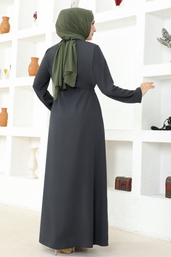 moda selvim Waist Tunnel Abaya MSL3186 Anthracite - Thumbnail