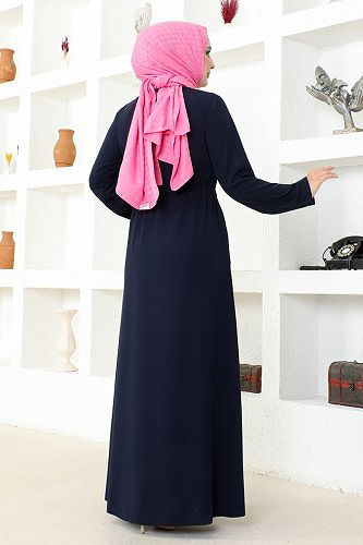 moda selvim Waist Tunnel Abaya MSL3186 Navy Blue - Thumbnail