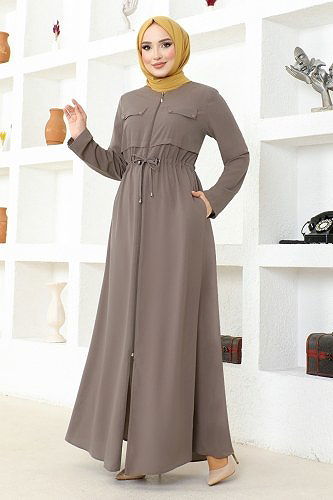 moda selvim عباية نفق الخصر عباية MSL3186 فيجن - Thumbnail