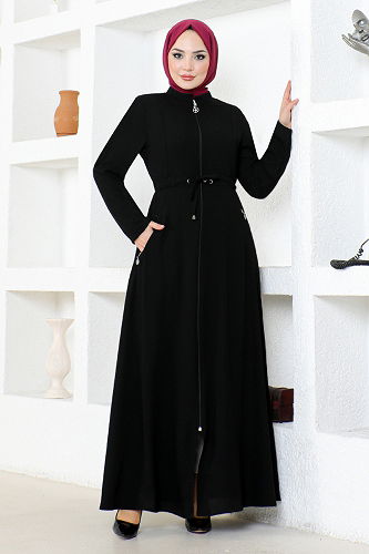 moda selvim Waist Tunnel Abaya RBA12500-M Black - Thumbnail