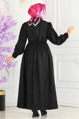 moda selvim Waist Tunnel Linen Abaya 254DVL817 Black - Thumbnail