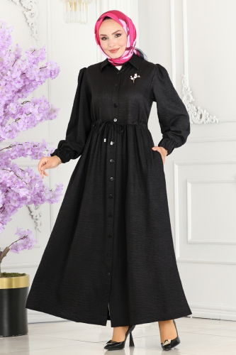 moda selvim Waist Tunnel Linen Abaya 254DVL817 Black - Thumbnail