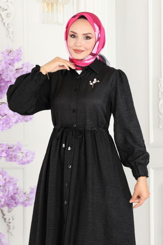 moda selvim Waist Tunnel Linen Abaya 254DVL817 Black - Thumbnail