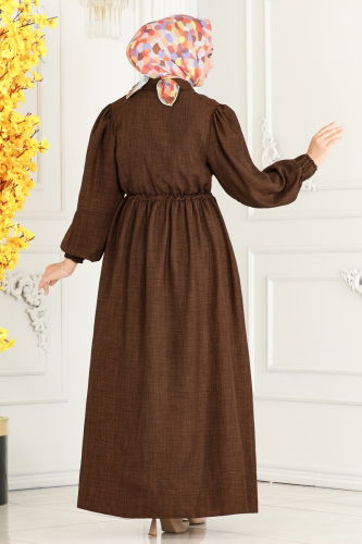 moda selvim Waist Tunnel Linen Abaya 254DVL817 Brown - Thumbnail