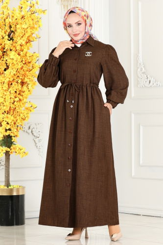 moda selvim Waist Tunnel Linen Abaya 254DVL817 Brown - Thumbnail