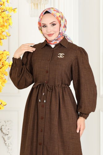 moda selvim Waist Tunnel Linen Abaya 254DVL817 Brown - Thumbnail