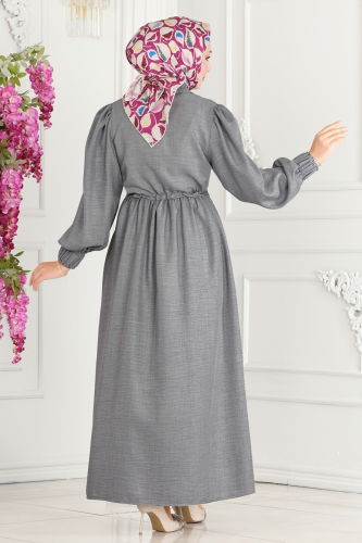 moda selvim Waist Tunnel Linen Abaya 254DVL817 Gray - Thumbnail