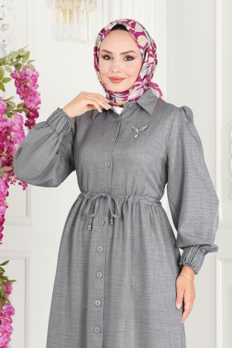 moda selvim Waist Tunnel Linen Abaya 254DVL817 Gray - Thumbnail