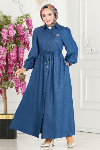 moda selvim Waist Tunnel Linen Abaya 254DVL817 Indigo - Thumbnail