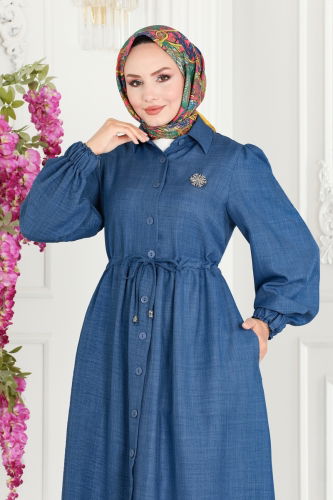 moda selvim Waist Tunnel Linen Abaya 254DVL817 Indigo - Thumbnail