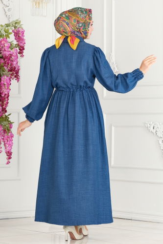 moda selvim Waist Tunnel Linen Abaya 254DVL817 Indigo - Thumbnail