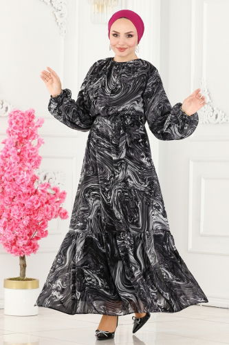 moda selvim Wave Pattern Chiffon Dress 6094BSK463 Black - Thumbnail